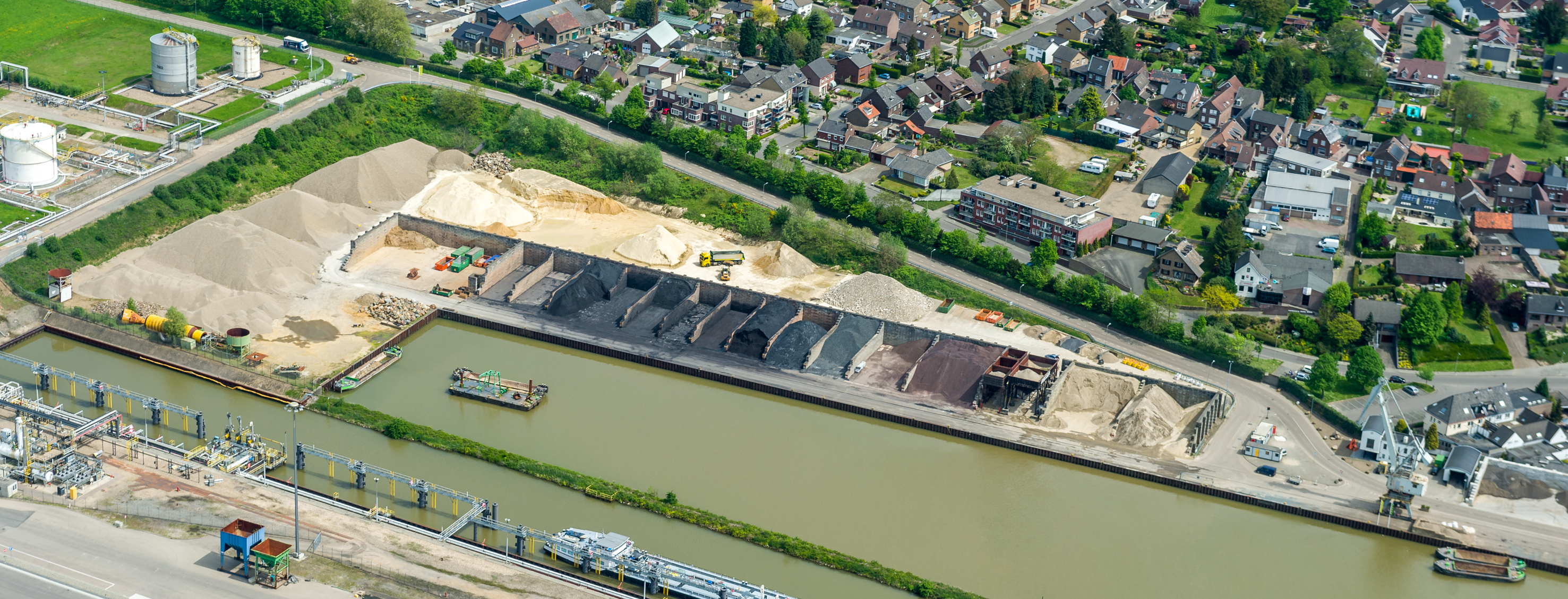 Storage and transport of sand and gravel at harbour Stein, aerial view